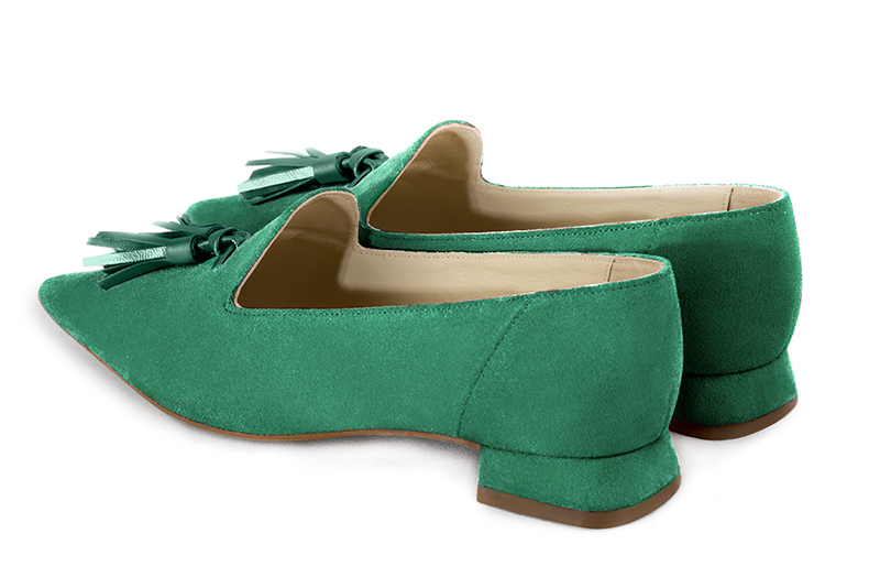 Emerald green women's loafers with pompons. Pointed toe. Flat flare heels - Florence KOOIJMAN